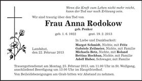 Traueranzeige Anna Rodokow