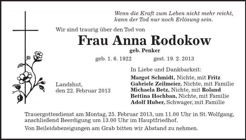 Traueranzeige Anna Rodokow