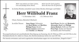 Traueranzeige Willibald Franz