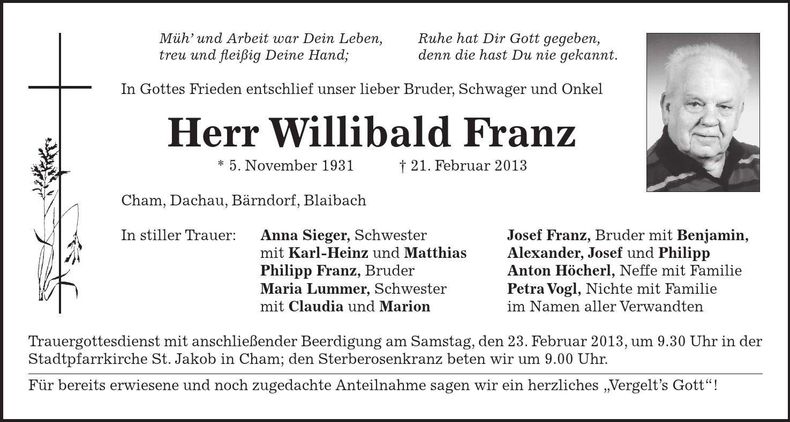 Traueranzeige Willibald Franz