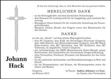 Traueranzeige Johann Hack