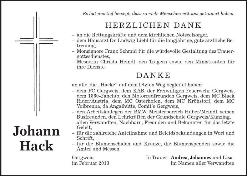 Traueranzeige Johann Hack