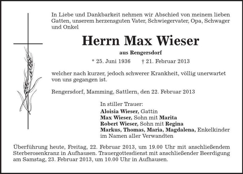 Traueranzeige Max Wieser