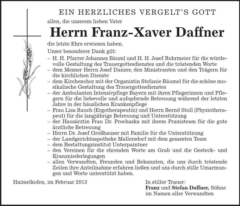 Traueranzeige Franz-Xaver Daffner