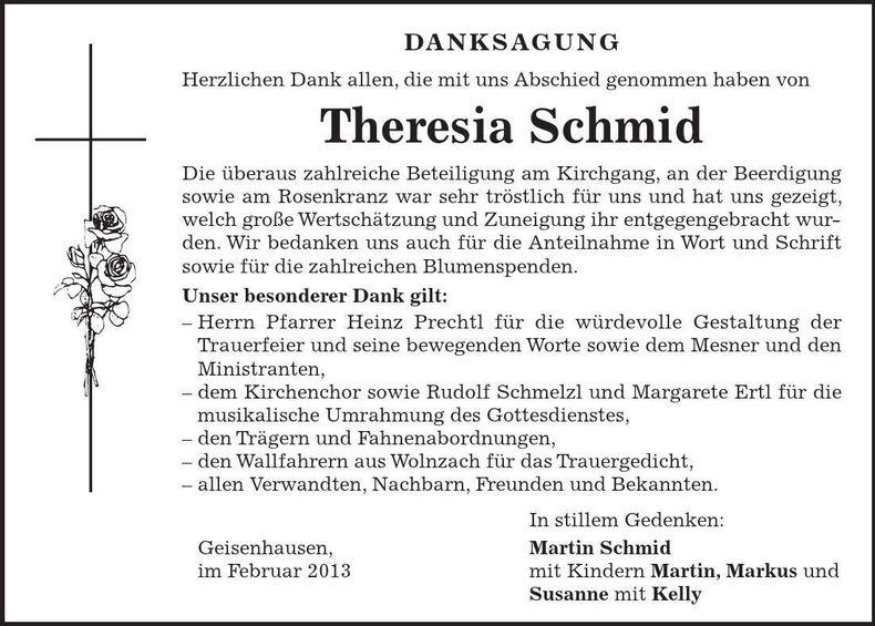 Traueranzeige Theresia Schmid