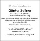 Traueranzeige Günter Zellner