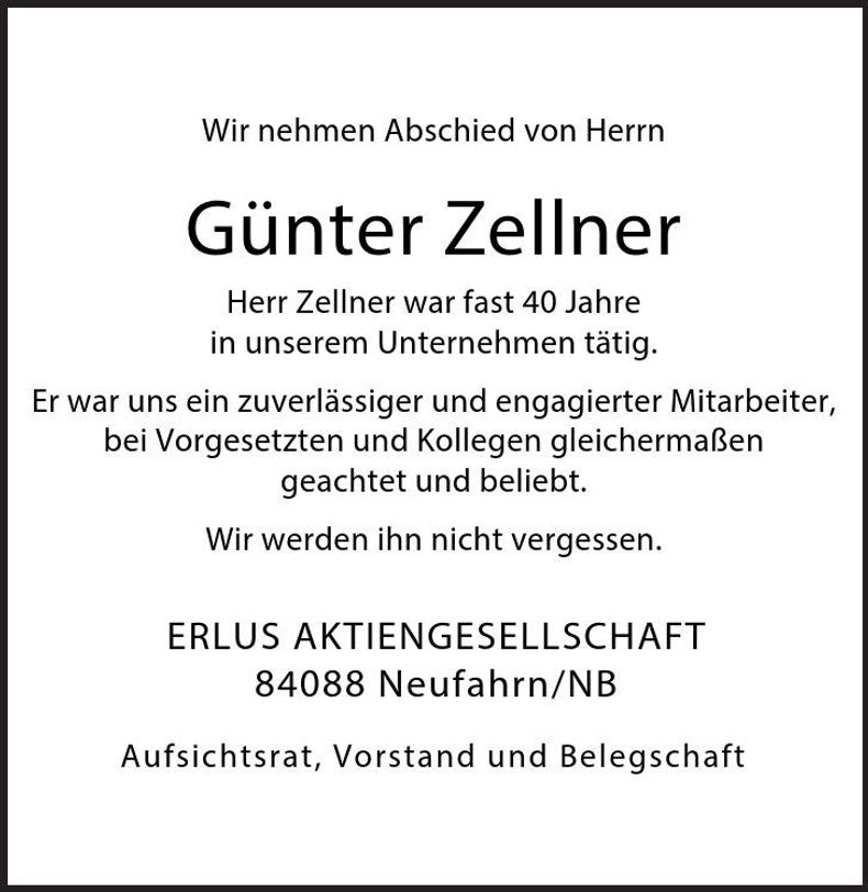 Traueranzeige Günter Zellner