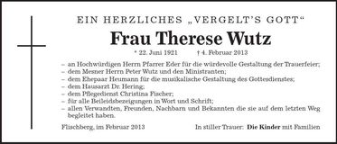 Traueranzeige Therese Wutz