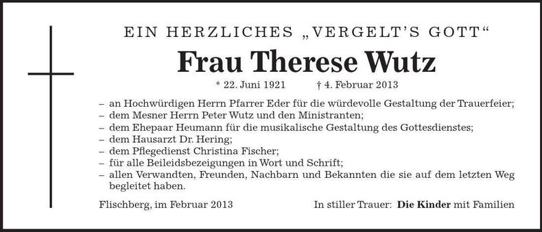 Traueranzeige Therese Wutz