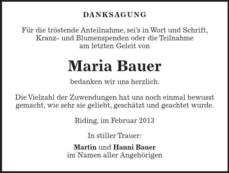 Traueranzeige Maria Bauer
