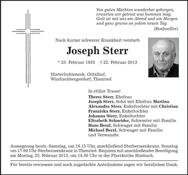 Traueranzeige Joseph Sterr