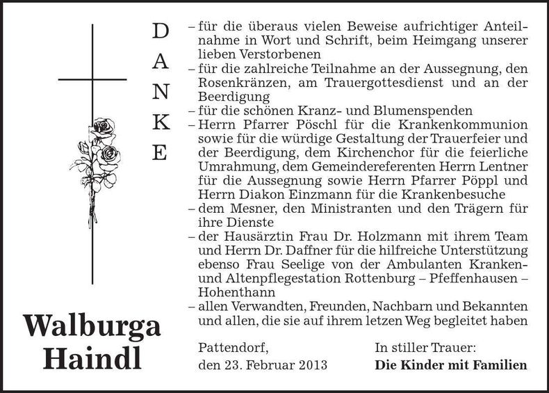 Traueranzeige Walburga Haindl