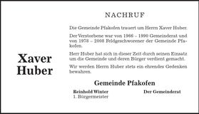 Traueranzeige Xaver Huber