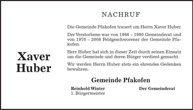 Traueranzeige Xaver Huber