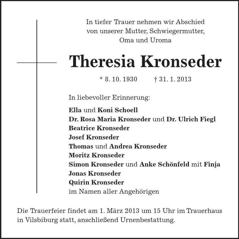 Traueranzeige Theresia Kronseder