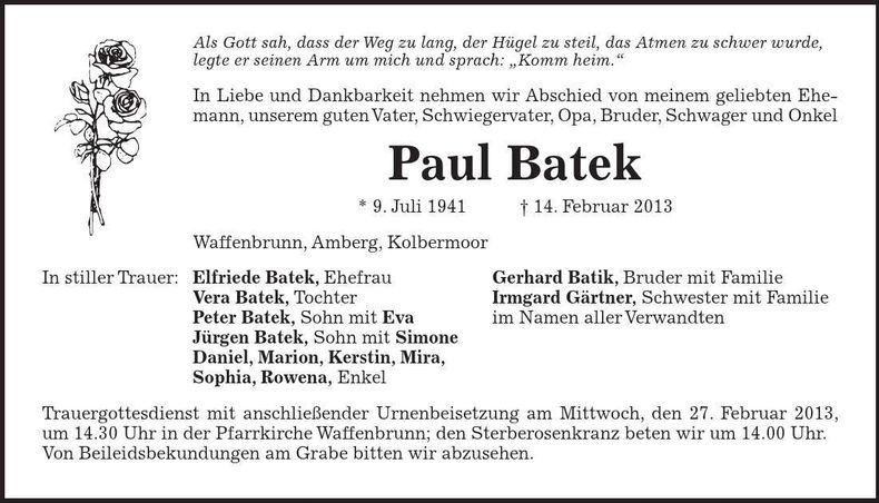Traueranzeige Paul Batek