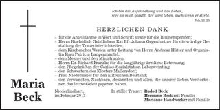 Traueranzeige Maria Beck