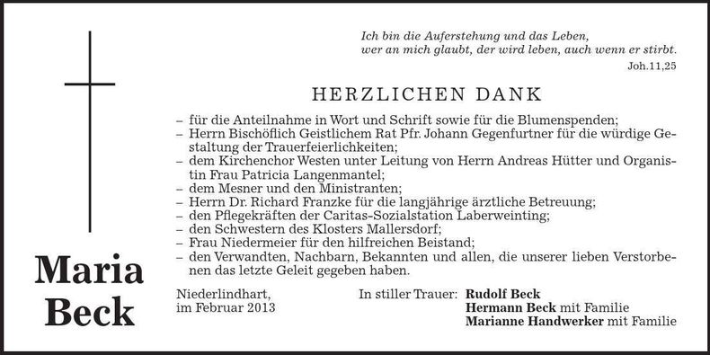 Traueranzeige Maria Beck