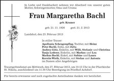 Traueranzeige Margaretha Bachl