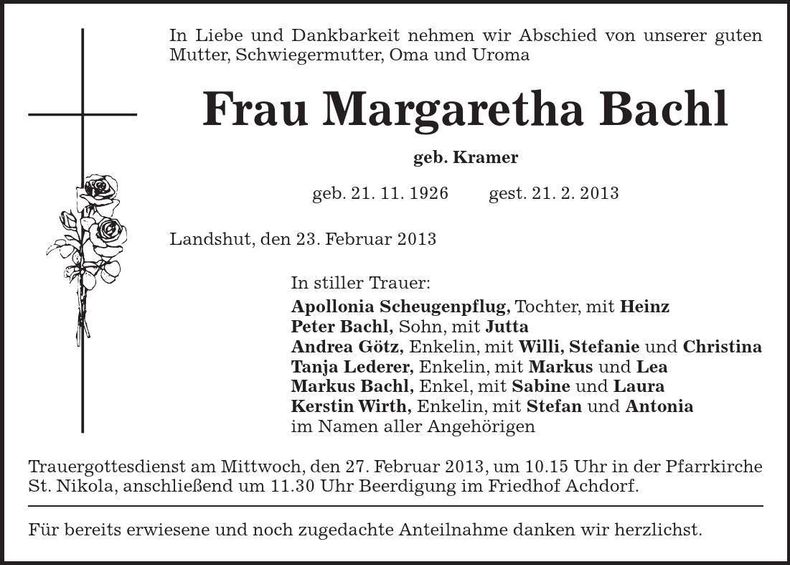 Traueranzeige Margaretha Bachl