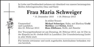 Traueranzeige Maria Schweiger