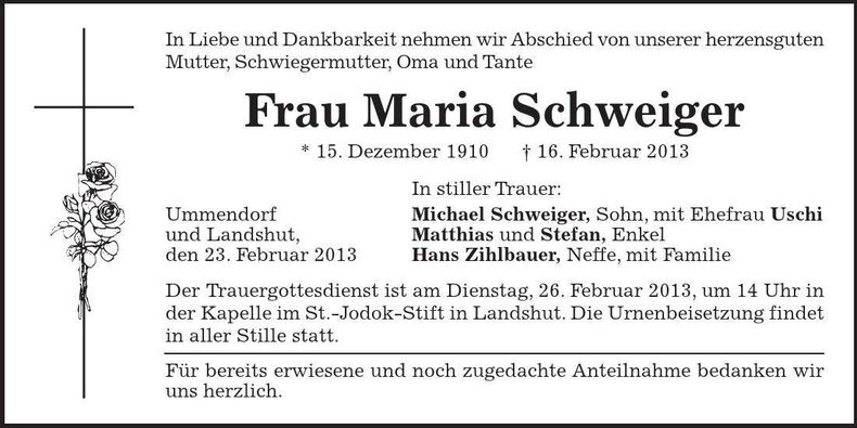 Traueranzeige Maria Schweiger