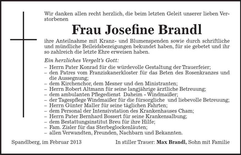 Traueranzeige Josefine Brandl