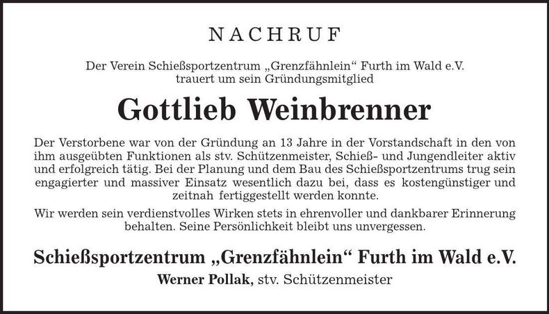 Traueranzeige Gottlieb Weinbrenner