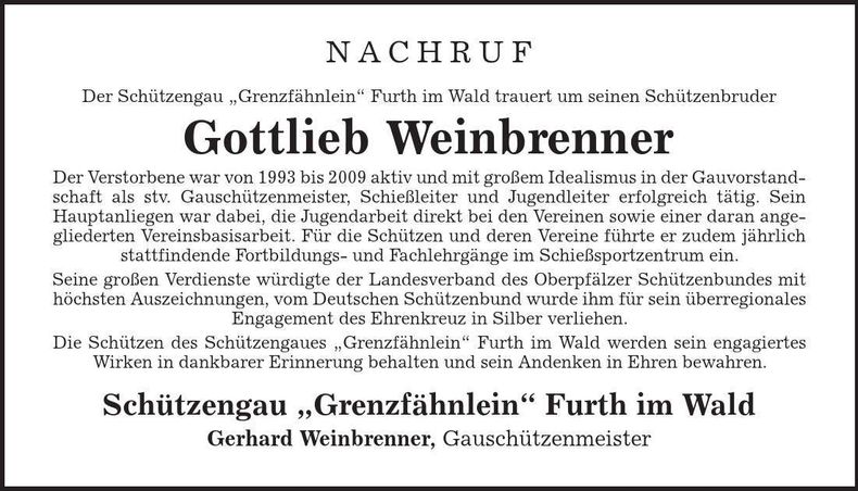 Traueranzeige Gottlieb Weinbrenner