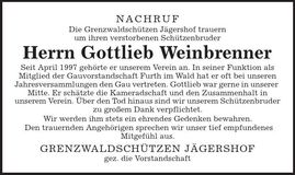Traueranzeige Gottlieb Weinbrenner