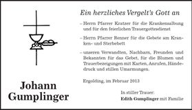 Traueranzeige Johann Gumplinger