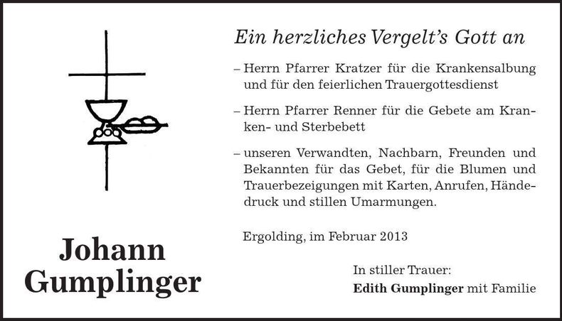 Traueranzeige Johann Gumplinger