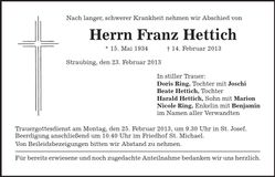 Traueranzeige Franz Hettich