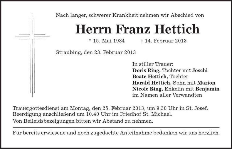 Traueranzeige Franz Hettich