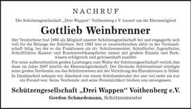 Traueranzeige Gottlieb Weinbrenner