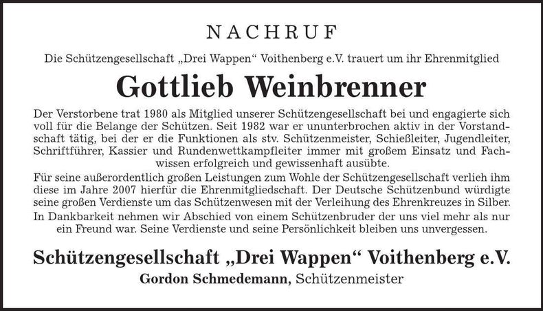 Traueranzeige Gottlieb Weinbrenner