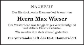 Traueranzeige Max Wieser
