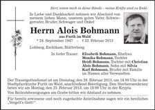 Traueranzeige Alois Bohmann