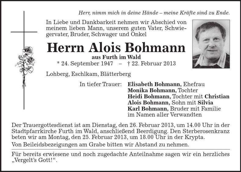 Traueranzeige Alois Bohmann