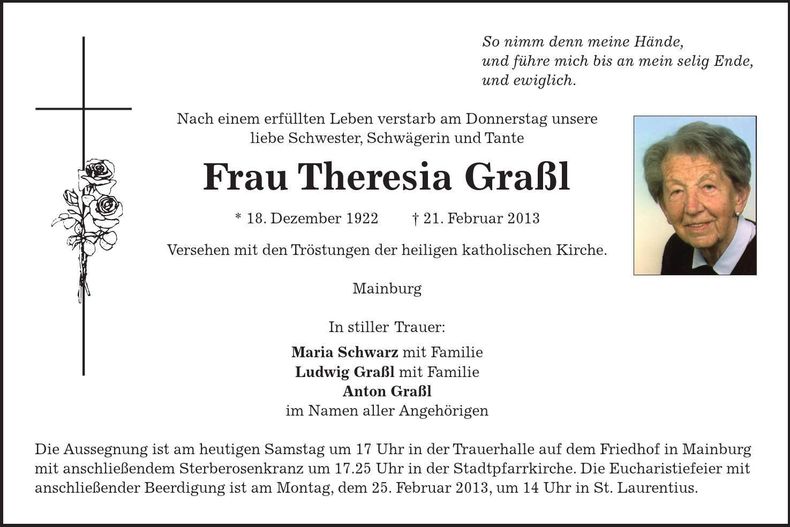 Traueranzeige Theresia Graßl