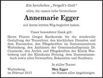 Traueranzeige Annemarie Egger