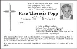 Traueranzeige Theresia Popp