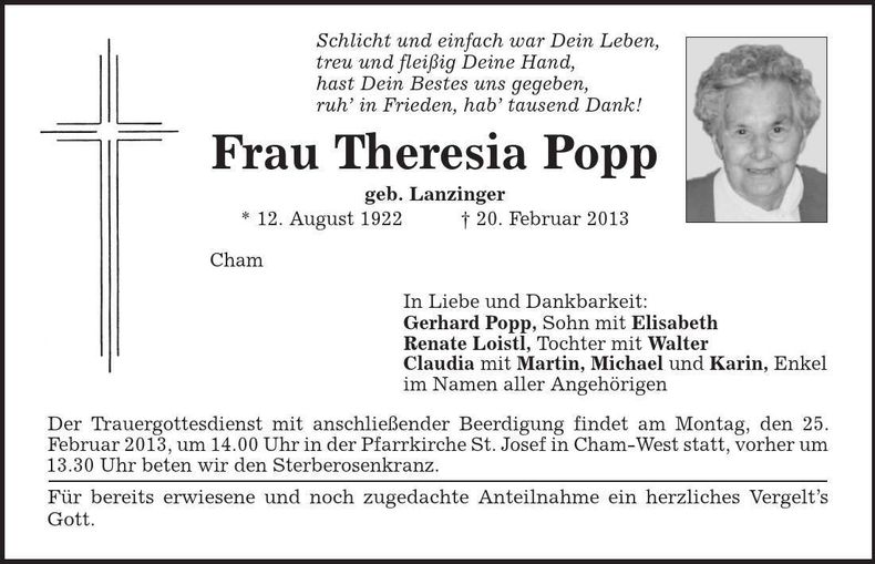 Traueranzeige Theresia Popp