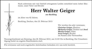 Traueranzeige Walter Geiger