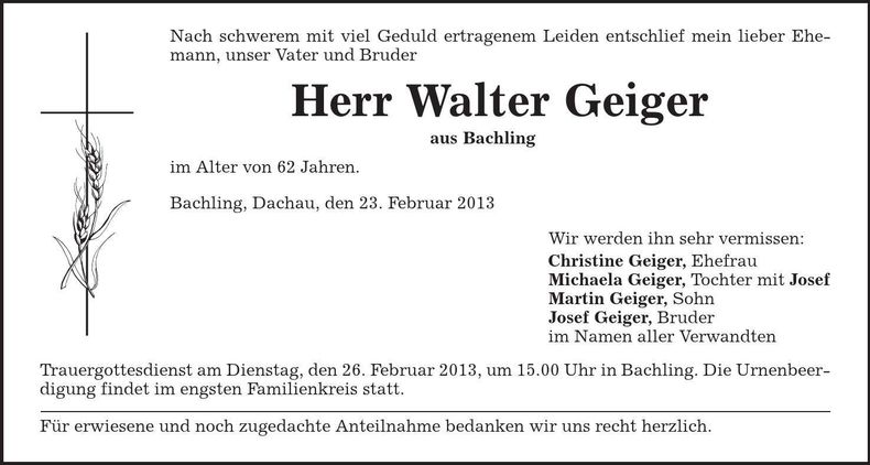 Traueranzeige Walter Geiger