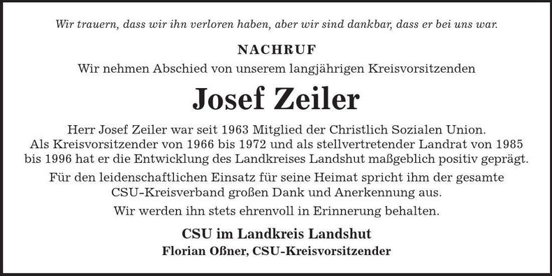 Traueranzeige Josef Zeiler