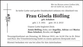 Traueranzeige Gisela Höfling