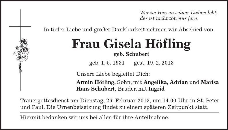Traueranzeige Gisela Höfling