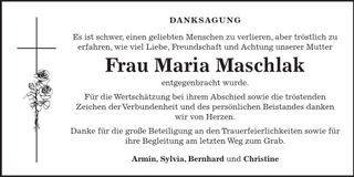 Traueranzeige Maria Maschlak