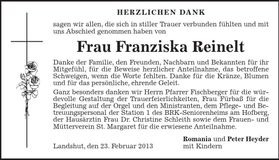 Traueranzeige Franziska Reinelt